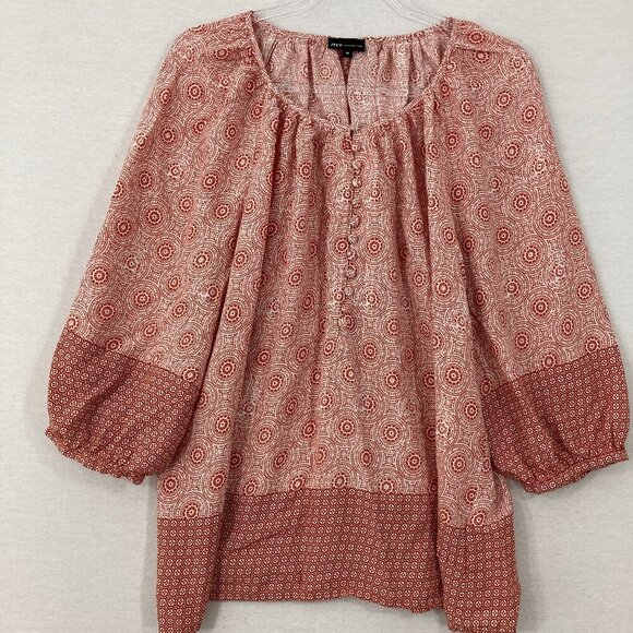 Jones New York Red Tan Patterned 3/4 Sleeve Peasant Popover Blouse 1X Soft Rayon - Picture 1 of 11